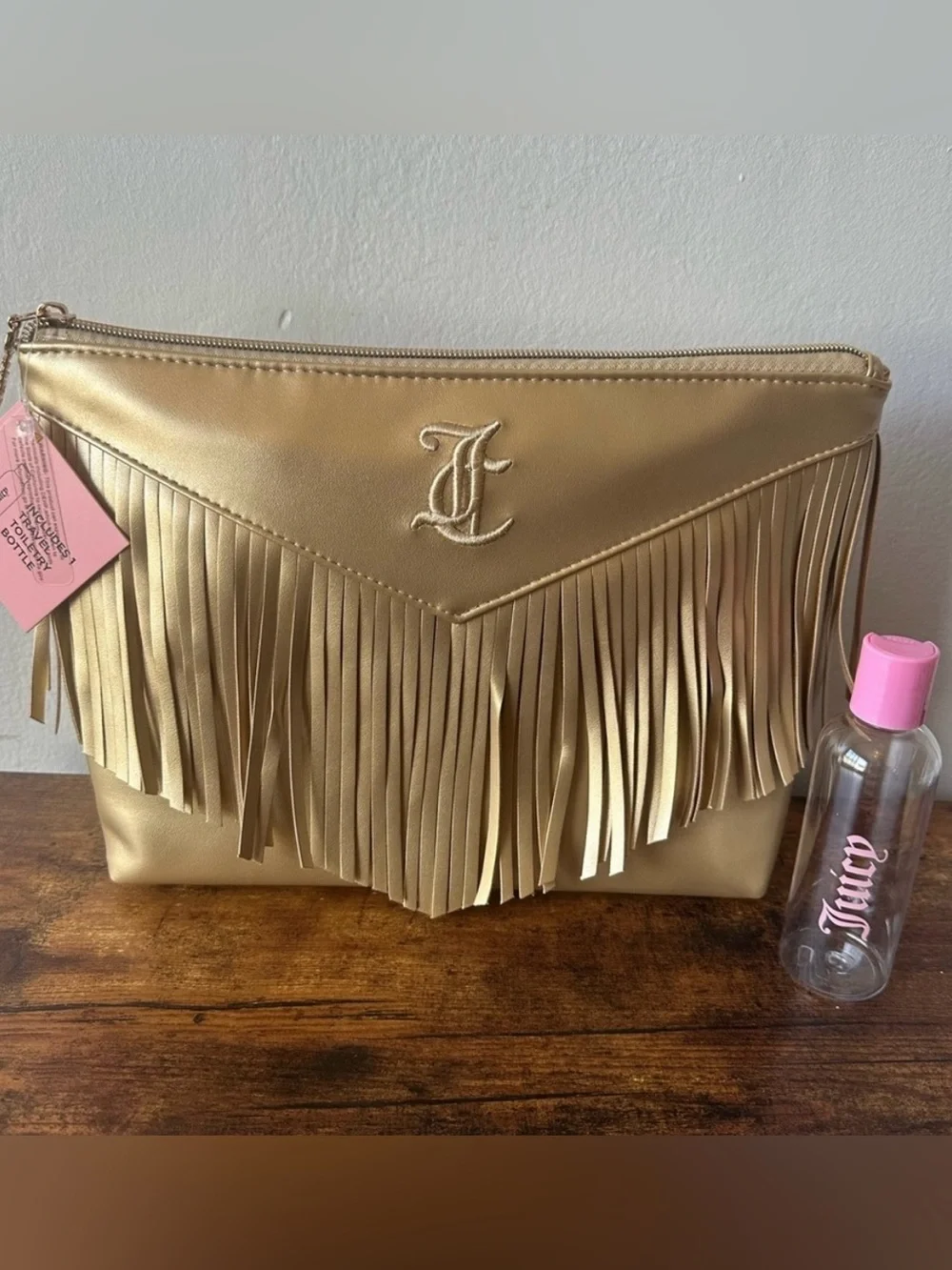 Juicy Couture Metallic Gold Fringe Cosmetic Bag with Embroidered Logo NWT